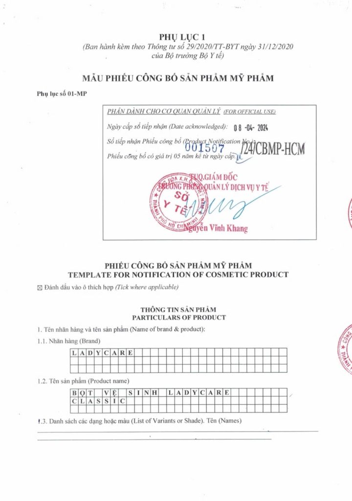 <p>GIẤY CÔNG BỐ SẢN PHẨM<br />LADYCARE CLASSIC</p>