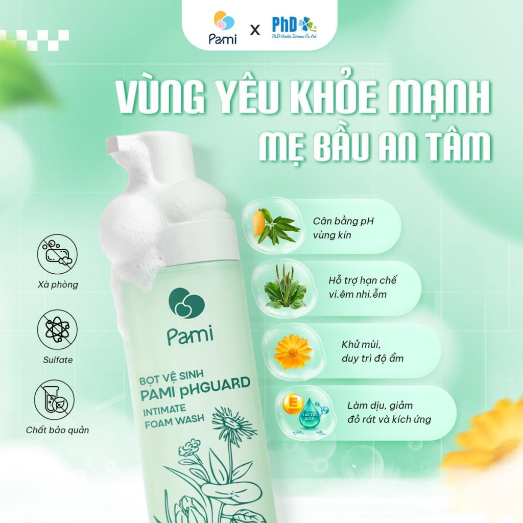 Bọt vệ sinh Pami pHGUARD - đồng hành bảo vệ sức khỏe vùng kín của mẹ suốt cả thai kỳ.
